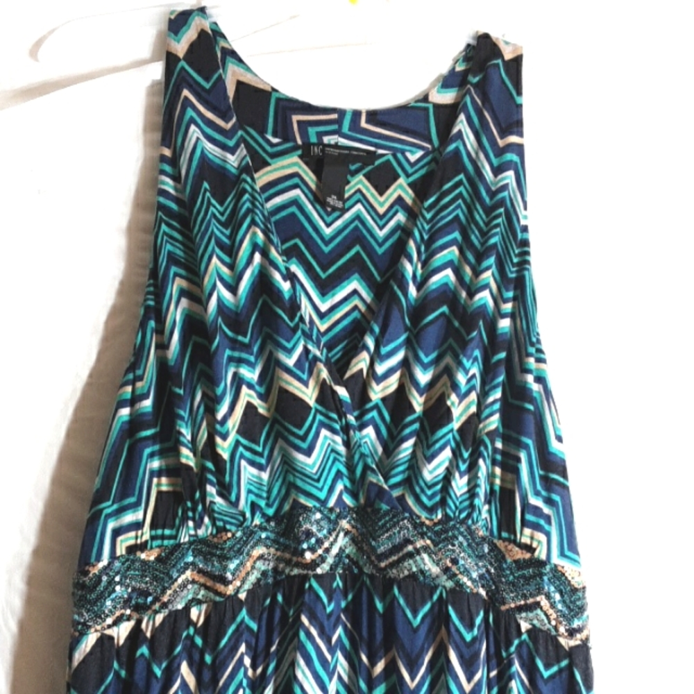 INC Blue Green White Chevron Razir Back Dress Maxi 3X
